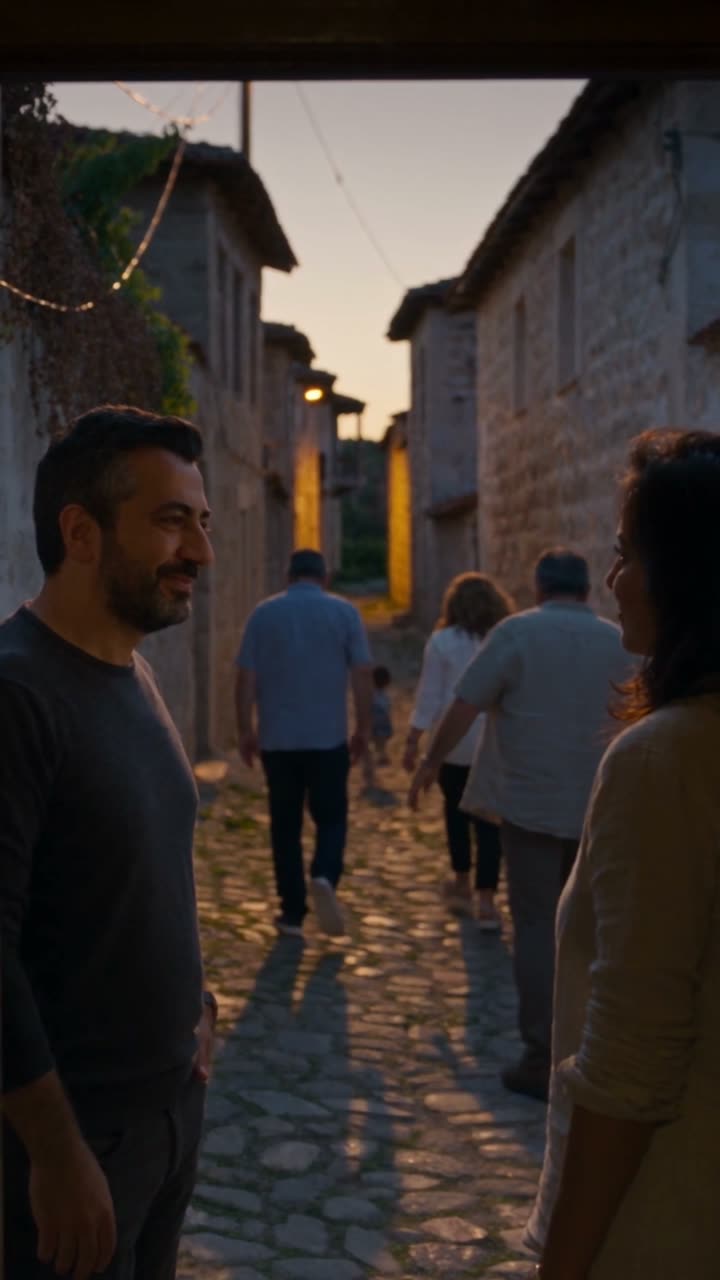 Gün batımında köy sokağında karşılanan aile