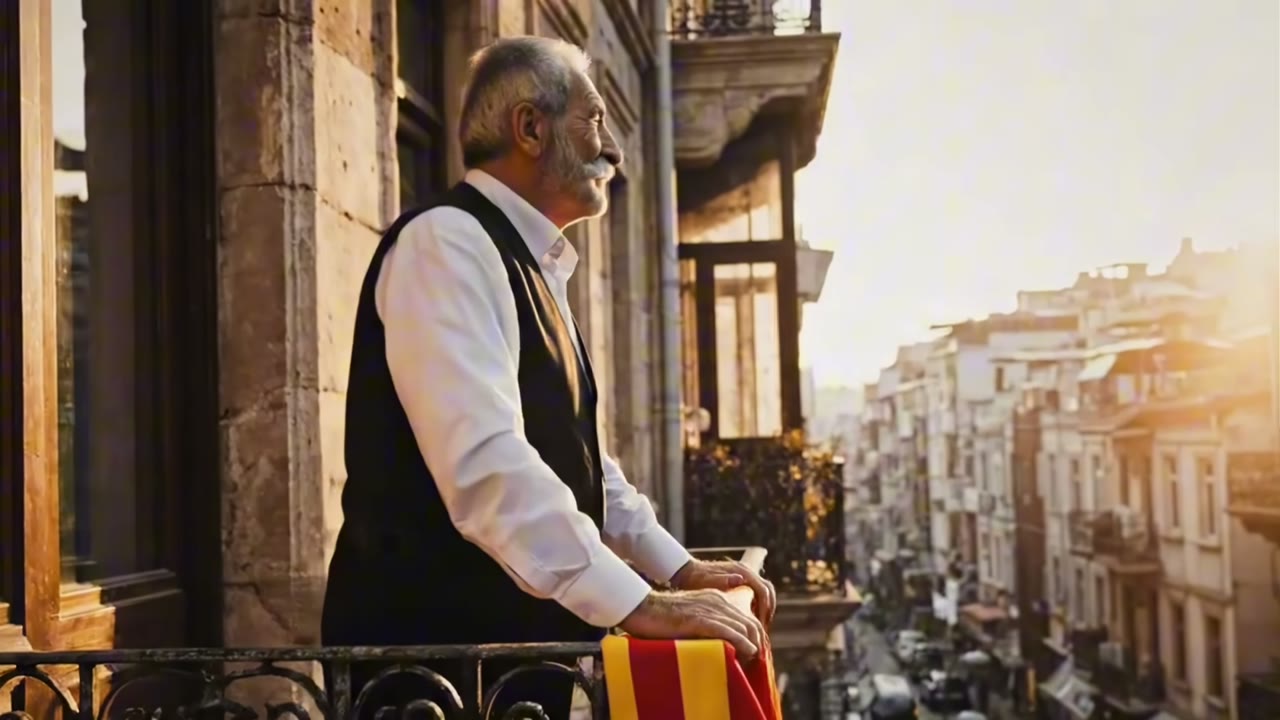 Balkondan sarı kırmızı atkı sallayan yaşlı adam